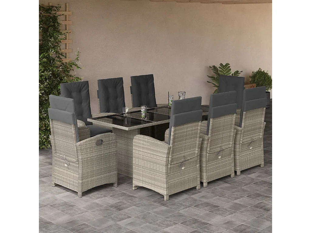 Ensemble à manger de jardin et coussins 9 pcs gris clair rotin