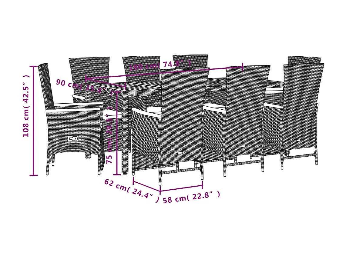 Ensemble à manger de jardin 9pcs coussins noir résine tressée