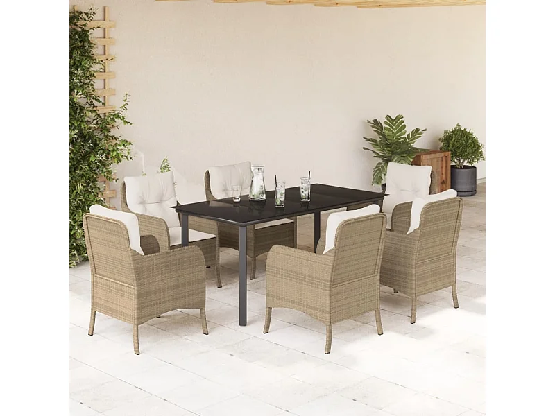 Ensemble à manger de jardin et coussins 7 pcs beige poly rotin