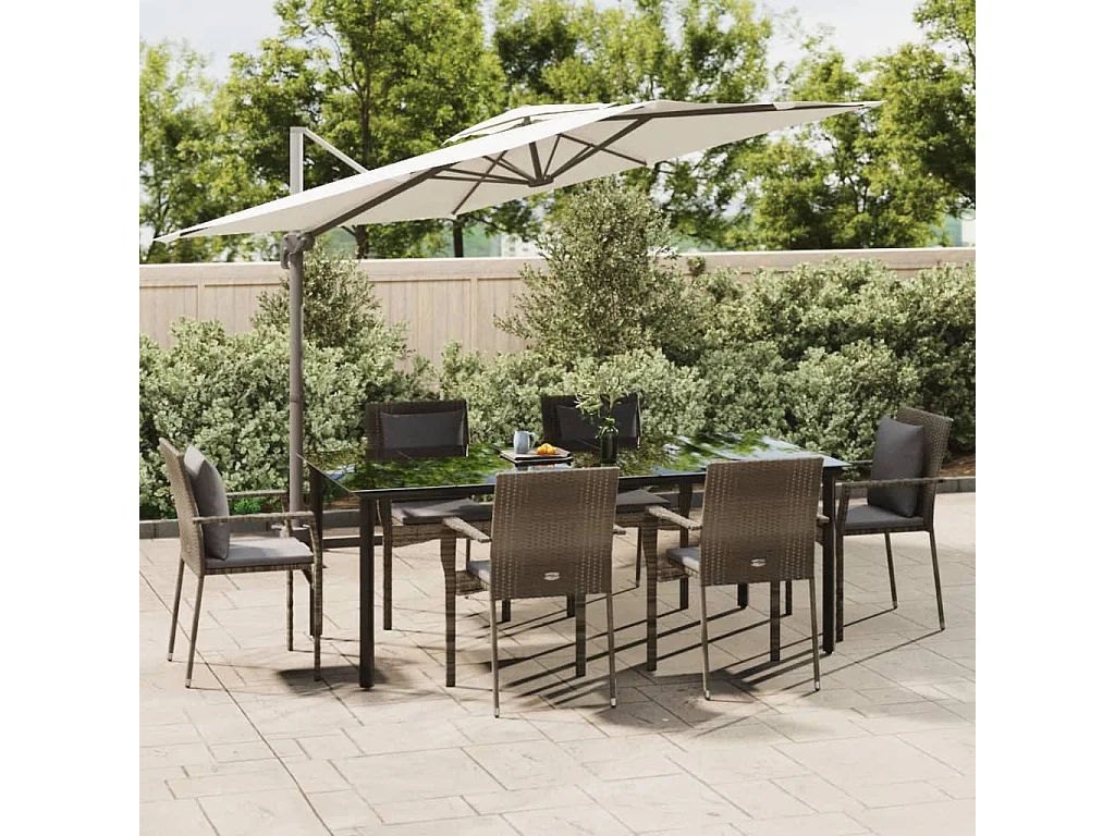 Ensemble à manger jardin et coussins 7 pcs Noir et gris Rotin