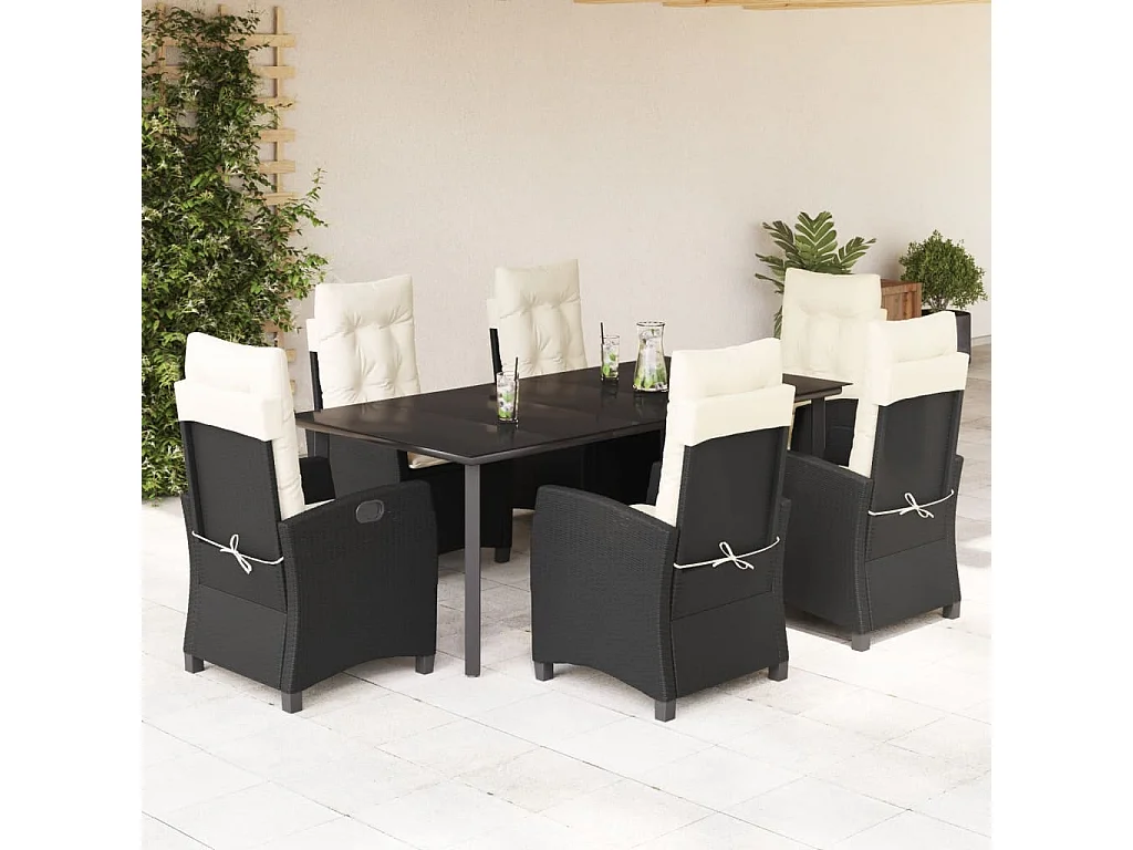 Ensemble à manger de jardin coussins 7pcs Noir Résine tressée