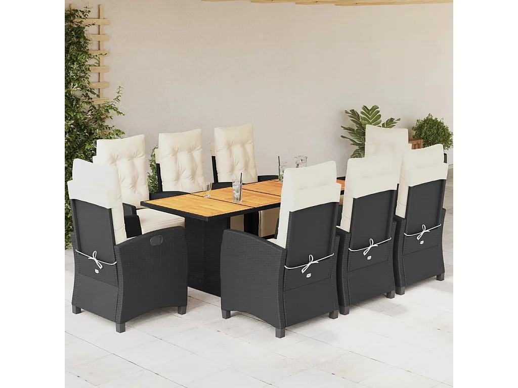 Ensemble à manger de jardin 9pcs coussins noir résine tressée