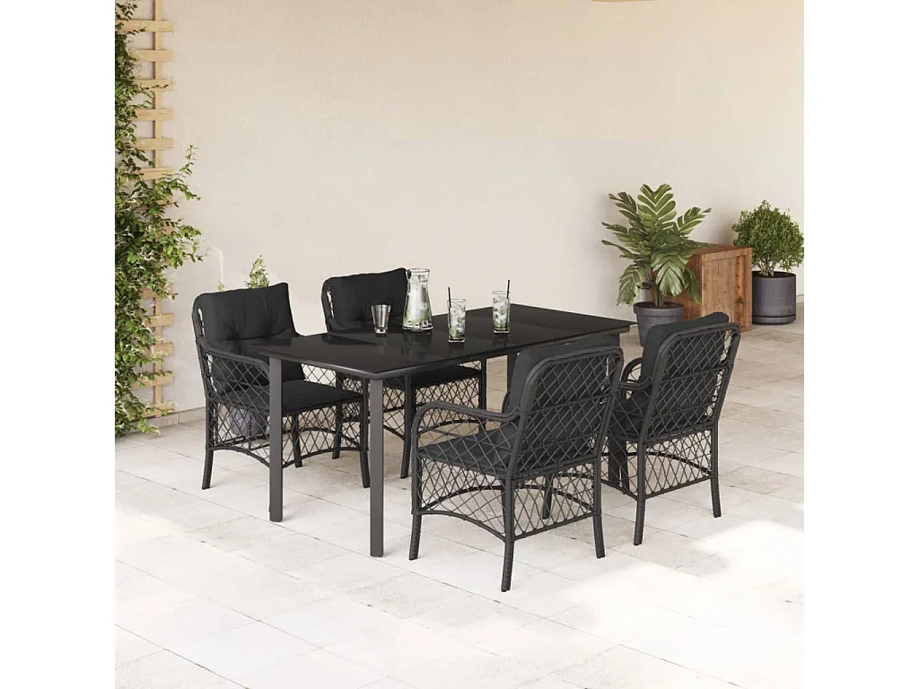 Ensemble à manger de jardin coussins 5pcs Noir Résine tressée