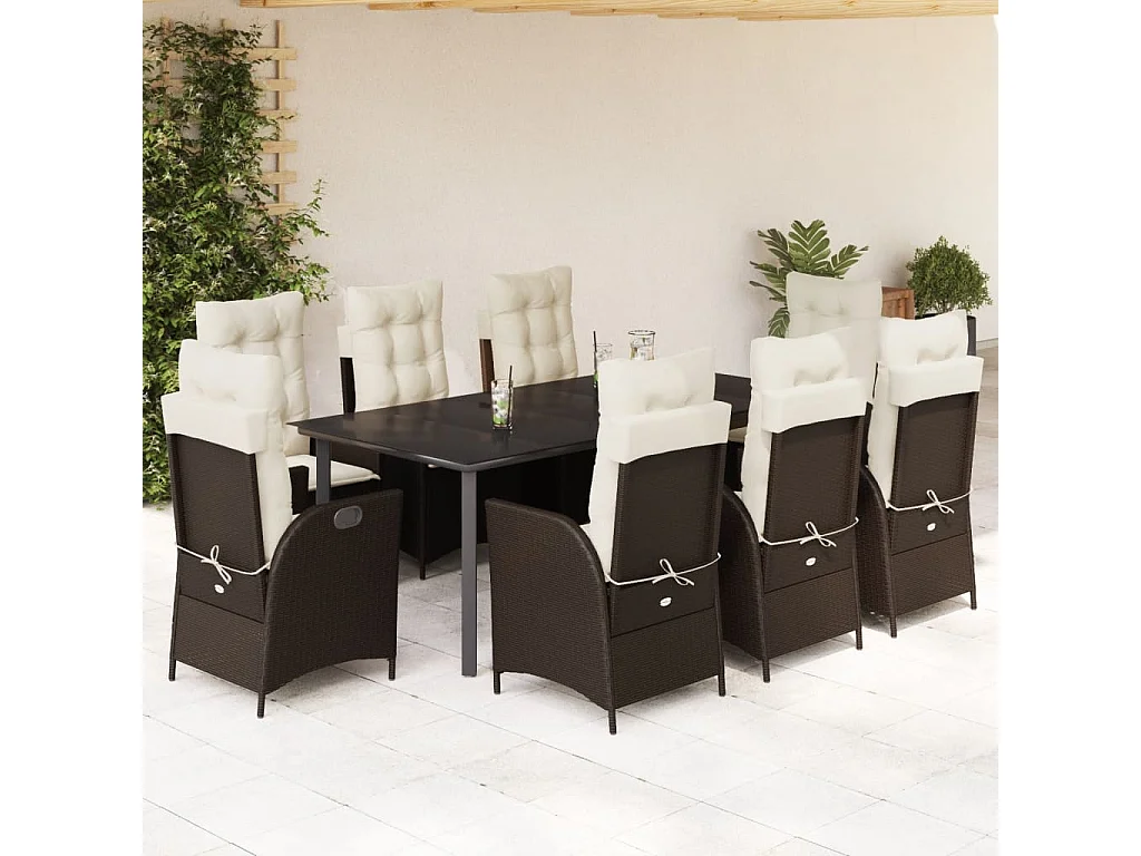 Ensemble à manger de jardin et coussins 9 pcs marron poly rotin