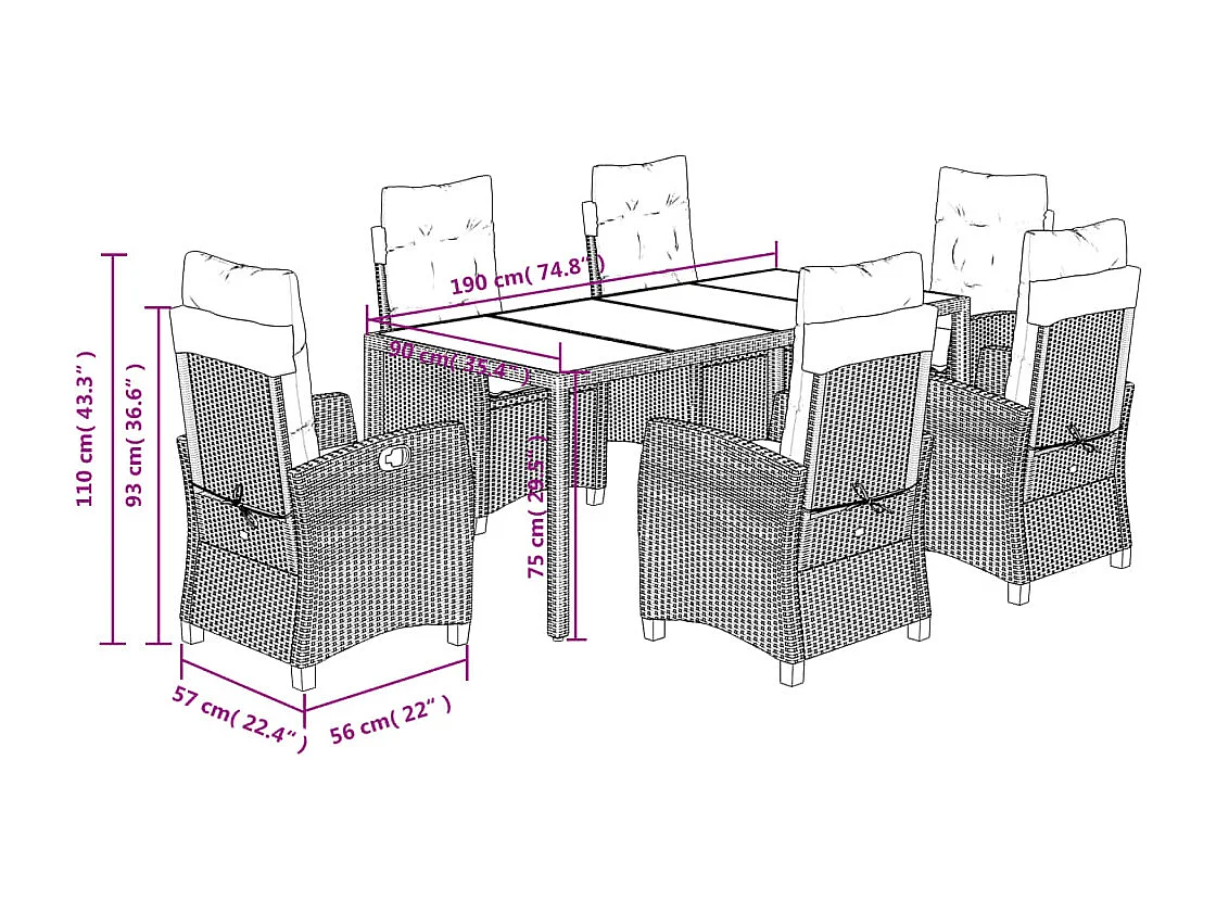 Ensemble à manger de jardin et coussins 7 pcs gris rotin