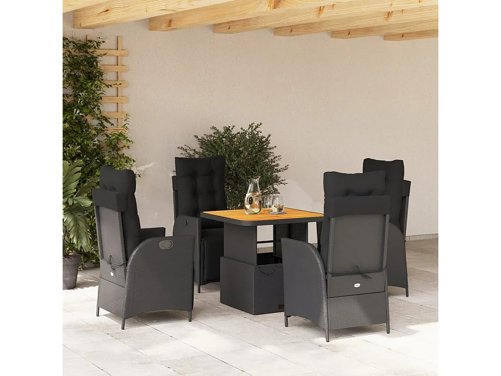 Ensemble à manger de jardin coussins 5pcs Noir Résine tressée