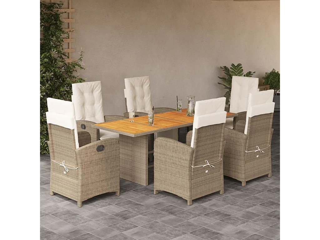 Ensemble à manger de jardin et coussins 7 pcs beige poly rotin
