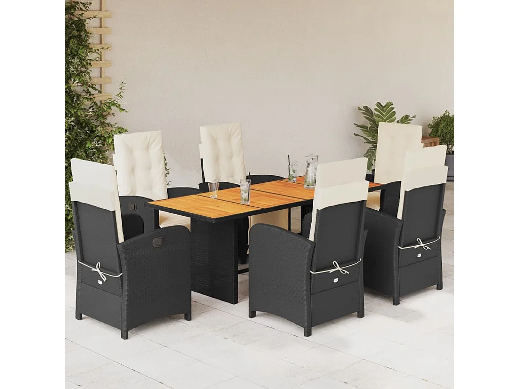Ensemble à manger de jardin coussins 7pcs Noir Résine tressée
