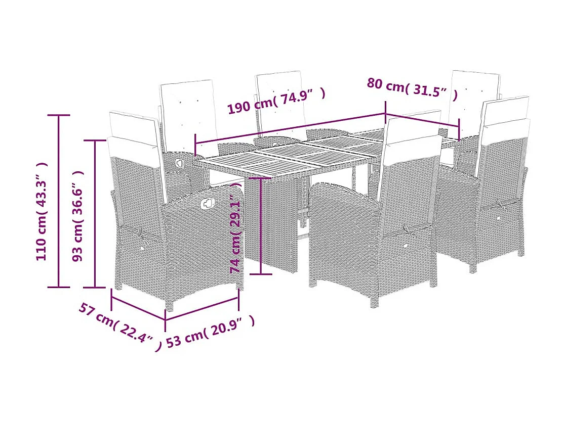 Ensemble à manger de jardin coussins 7pcs Noir Résine tressée
