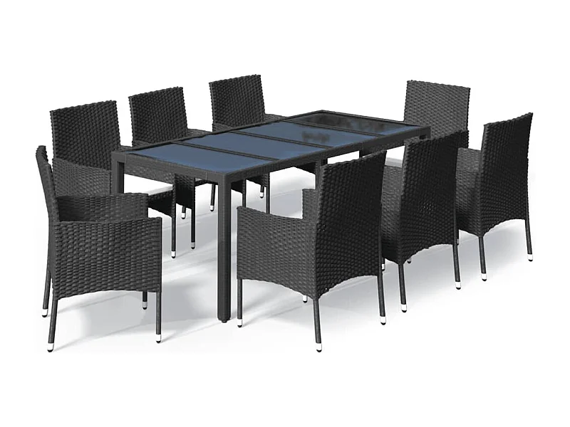 Ensemble à manger jardin 9pcs et coussins noir résine tressée
