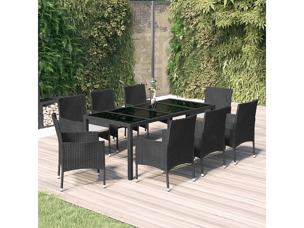 Ensemble à manger jardin 9pcs et coussins noir résine tressée