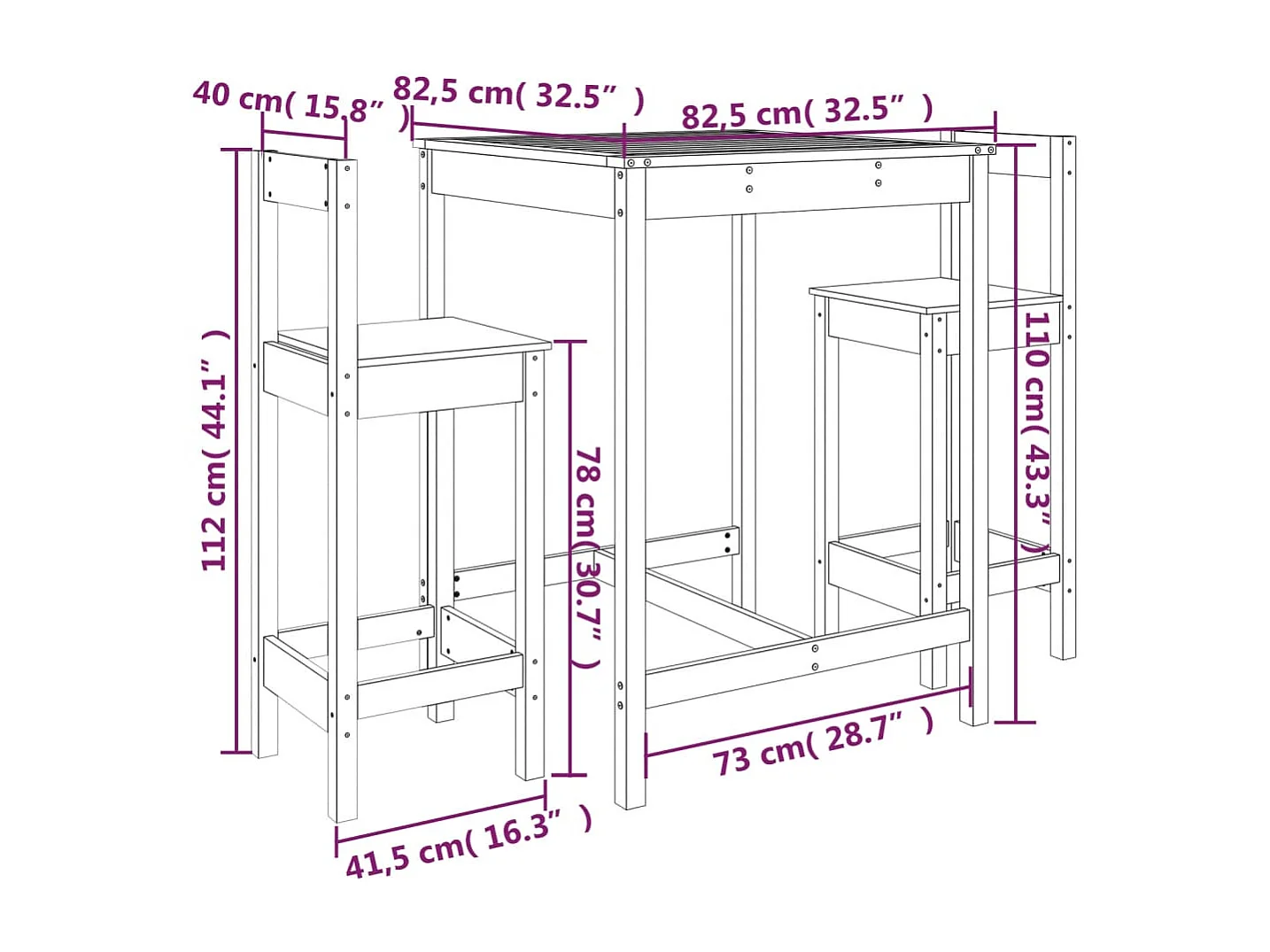 Ensemble de bar de jardin 3 pcs bois de pin massif
