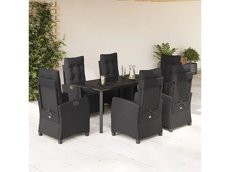 Ensemble à manger de jardin coussins 7pcs Noir Résine tressée