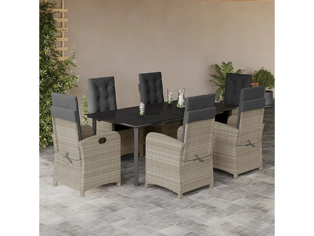 Ensemble à manger de jardin et coussins 7 pcs gris clair rotin