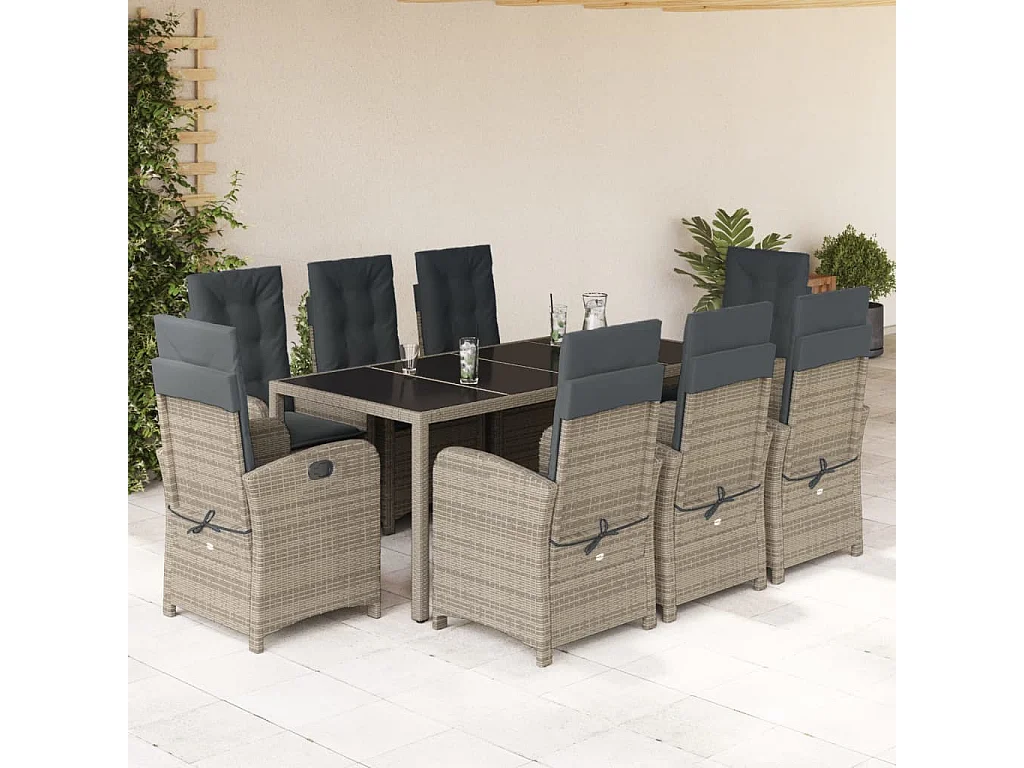 Ensemble à manger de jardin 9 pcs coussins gris résine tressée