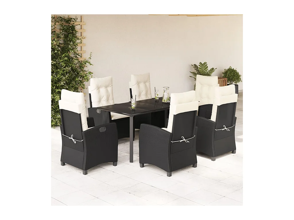 Ensemble à manger de jardin coussins 7pcs Noir Résine tressée