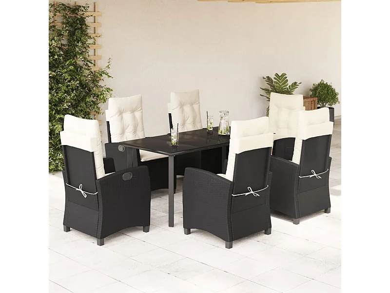 Ensemble à manger de jardin coussins 7pcs Noir Résine tressée