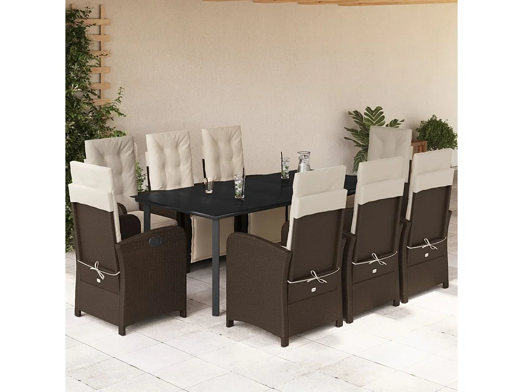 Ensemble à manger de jardin et coussins 9 pcs marron poly rotin
