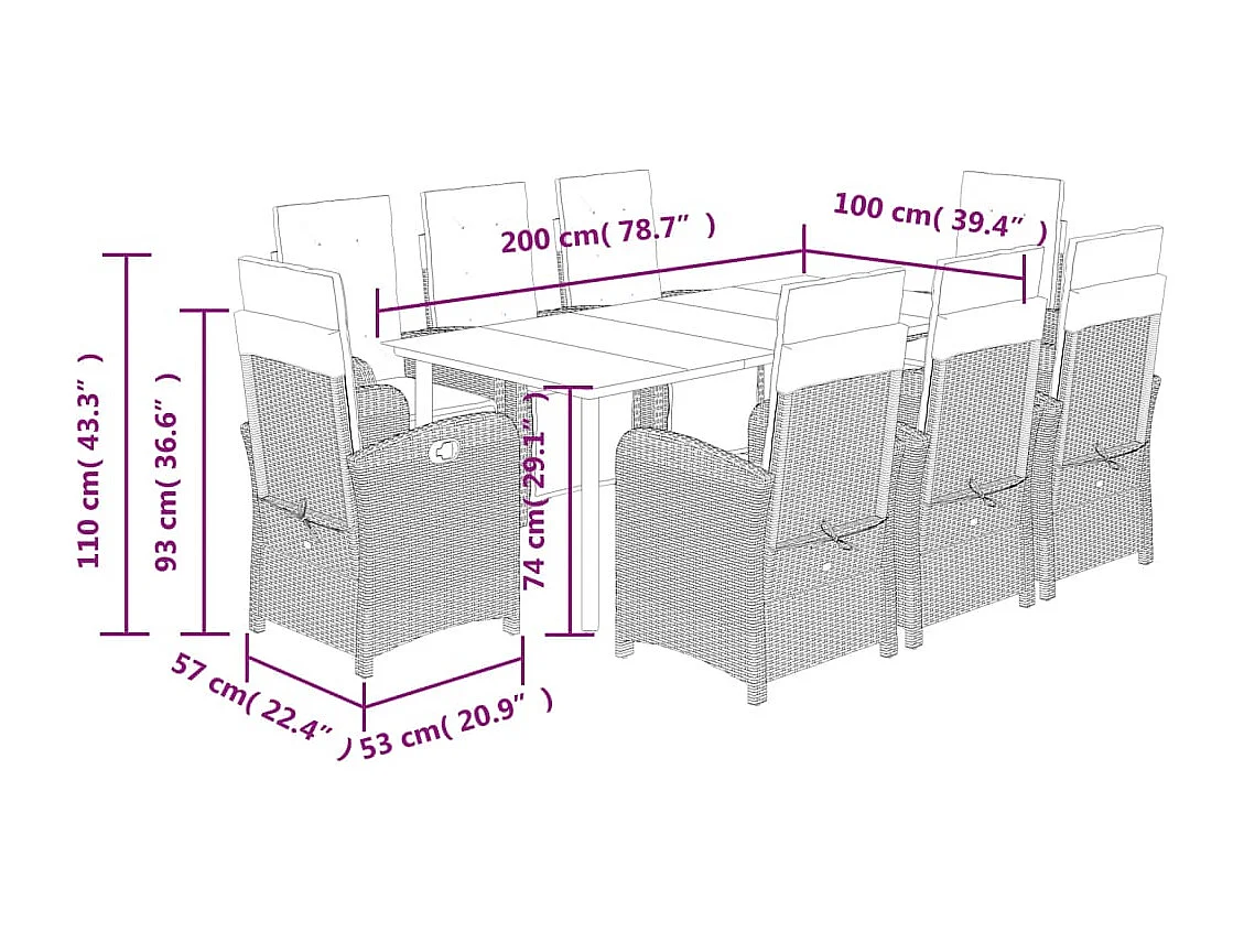 Ensemble à manger de jardin et coussins 9 pcs marron poly rotin