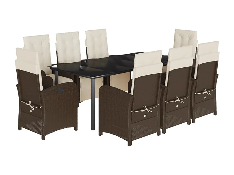Ensemble à manger de jardin et coussins 9 pcs marron poly rotin