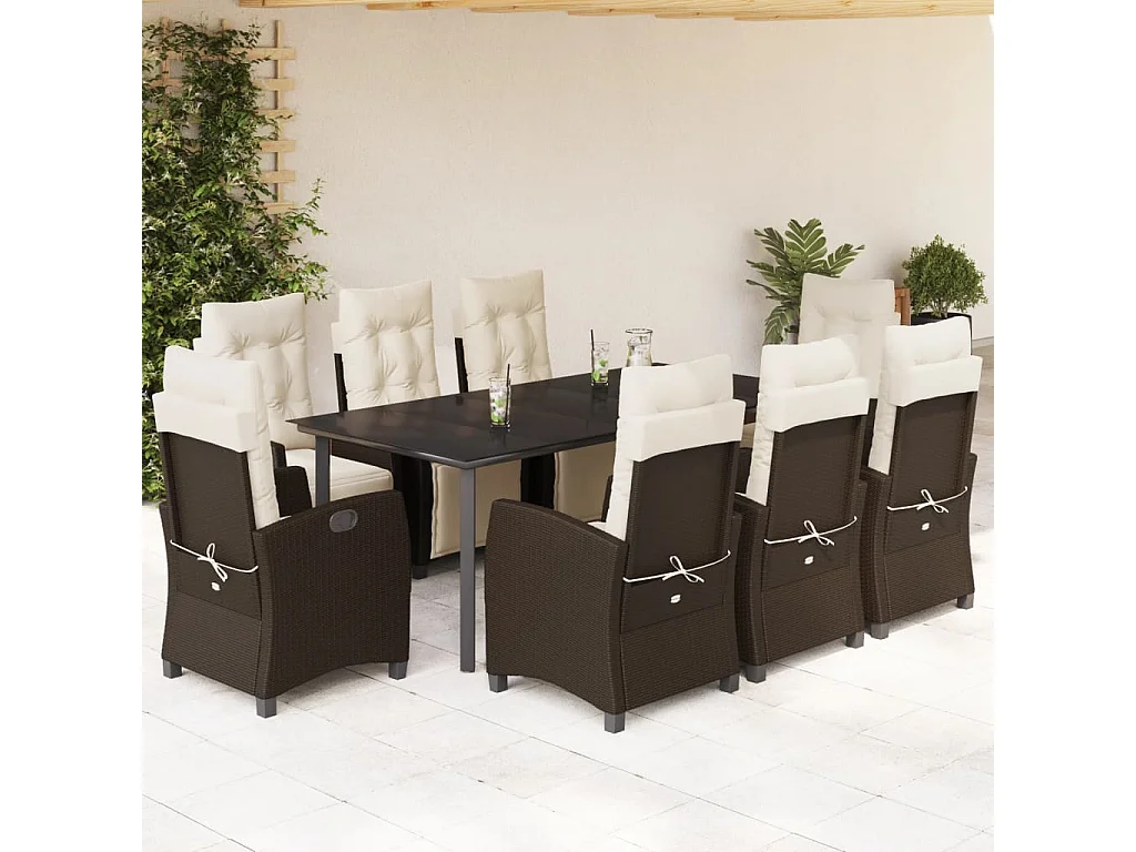 Ensemble à manger de jardin et coussins 9 pcs marron poly rotin