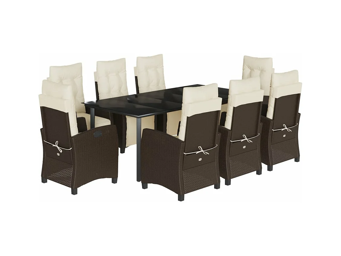 Ensemble à manger de jardin et coussins 9 pcs marron poly rotin