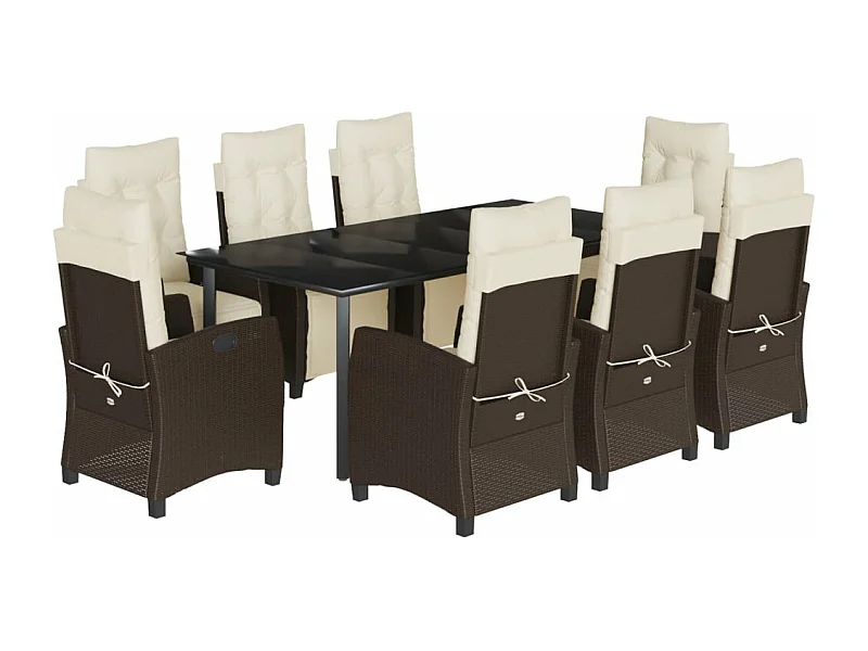 Ensemble à manger de jardin et coussins 9 pcs marron poly rotin