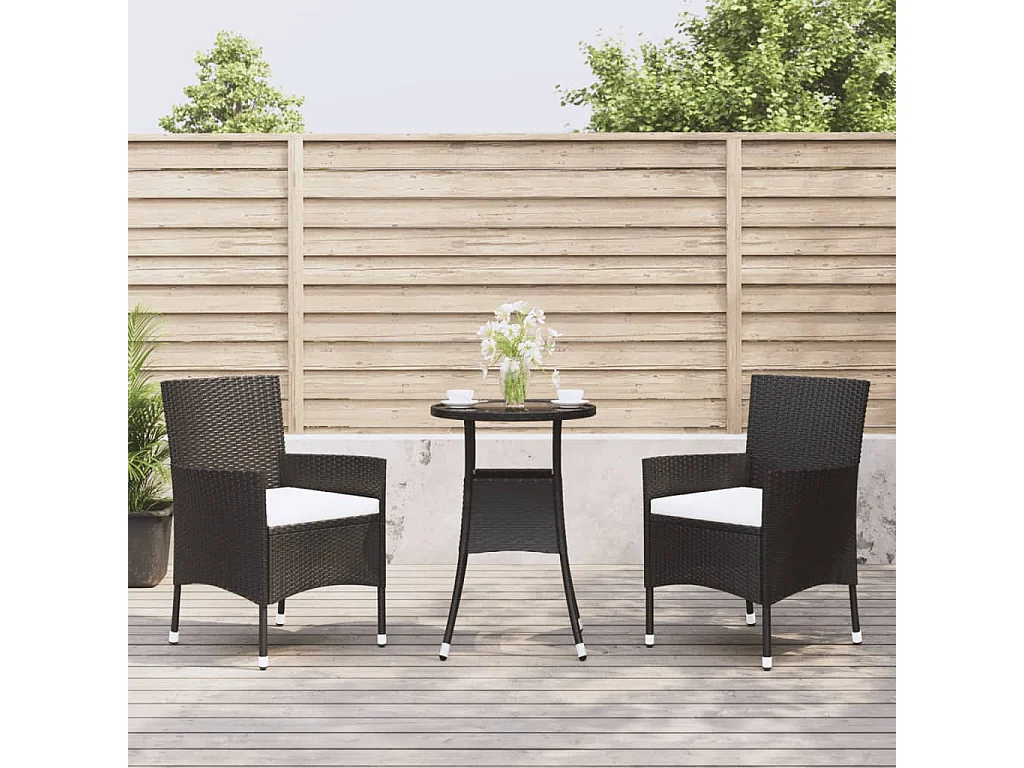 Ensemble de bistro de jardin 3 pcs coussins noir poly rotin