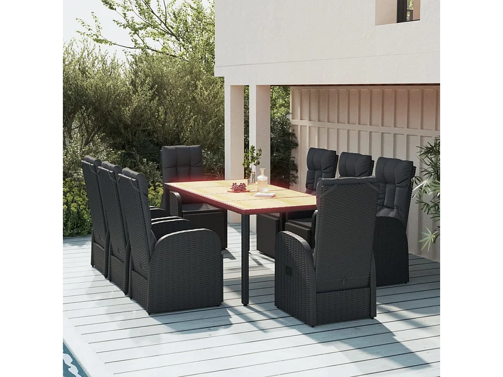 Ensemble à manger de jardin 9 pcs Noir Poly rotin et acacia