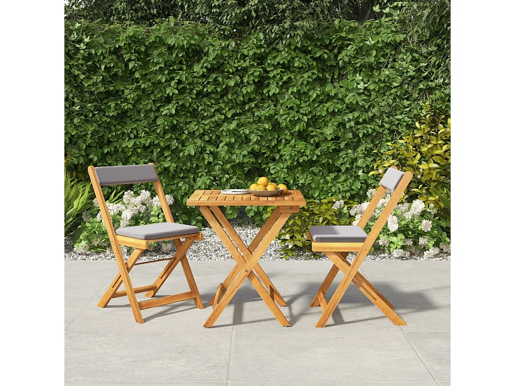 Ensemble de bistro pliable 3 pcs avec coussins Acacia solide