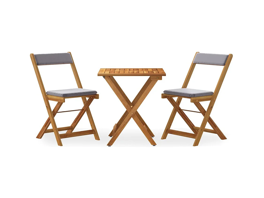 Ensemble de bistro pliable 3 pcs avec coussins Acacia solide