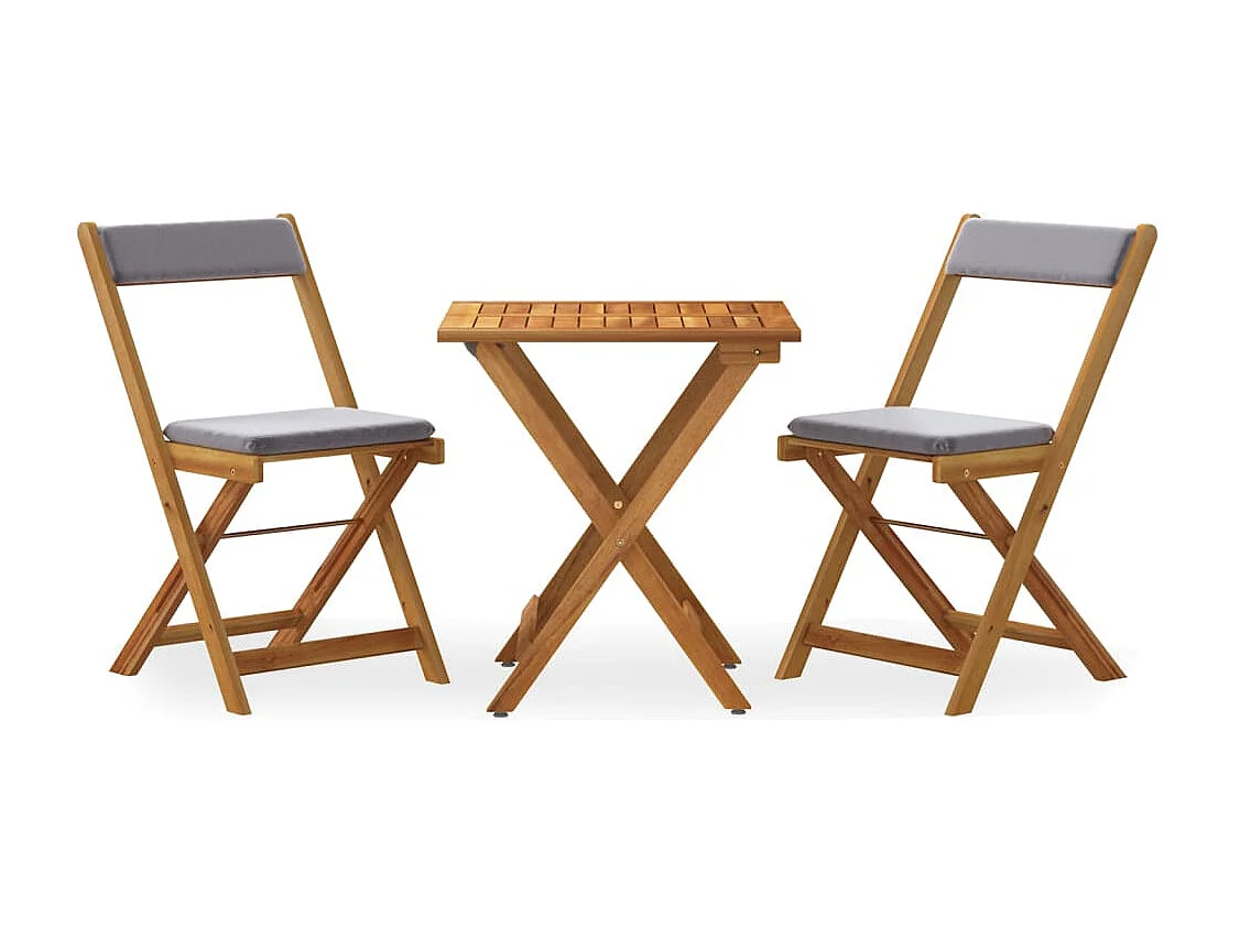 Ensemble de bistro pliable 3 pcs avec coussins Acacia solide