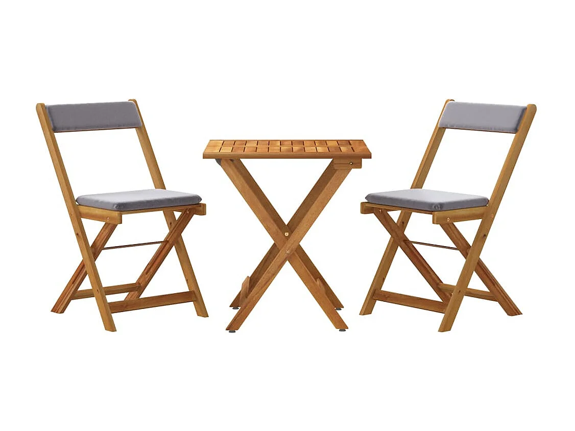 Ensemble de bistro pliable 3 pcs avec coussins Acacia solide