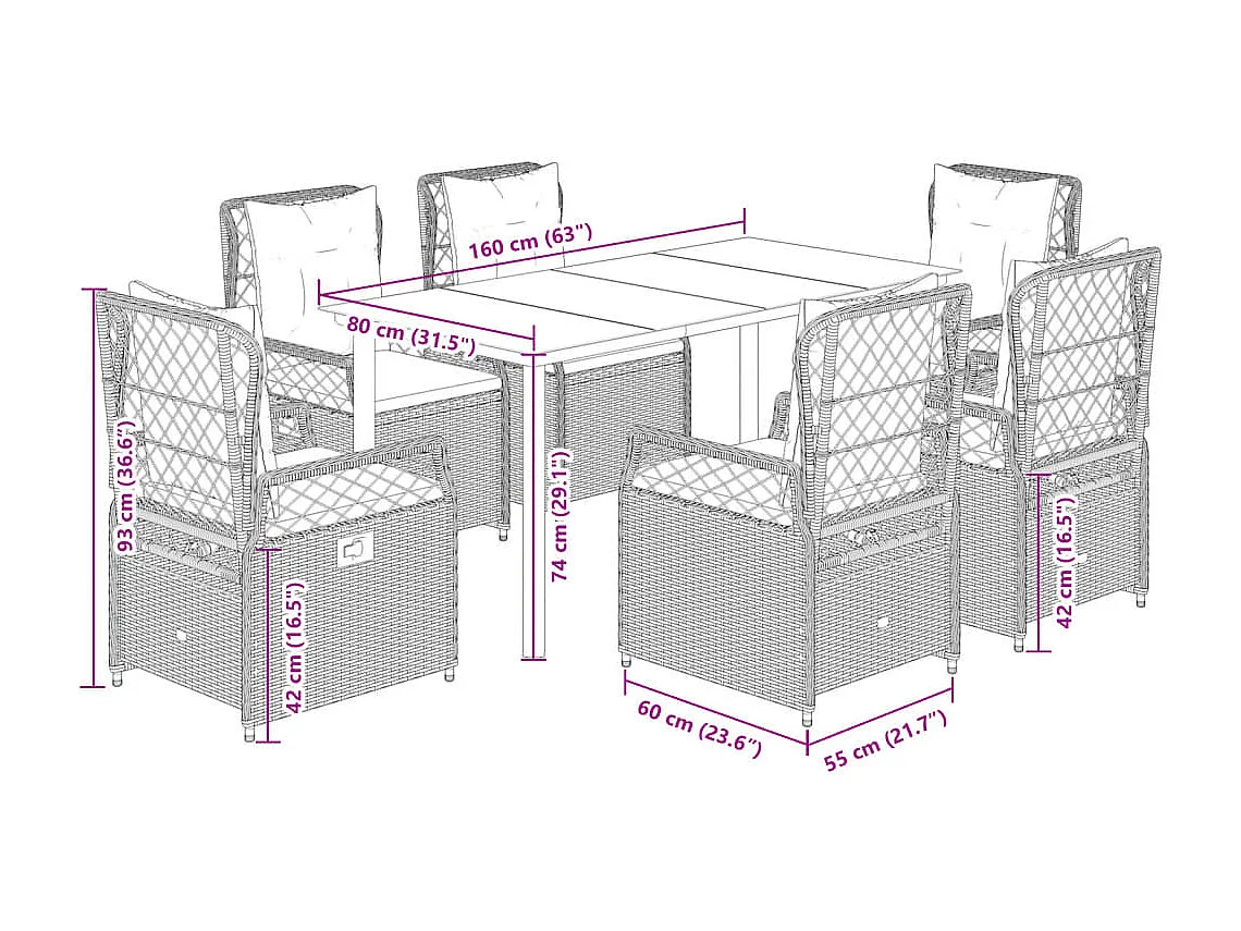 Ensemble à manger de jardin et coussins 7 pcs marron rotin