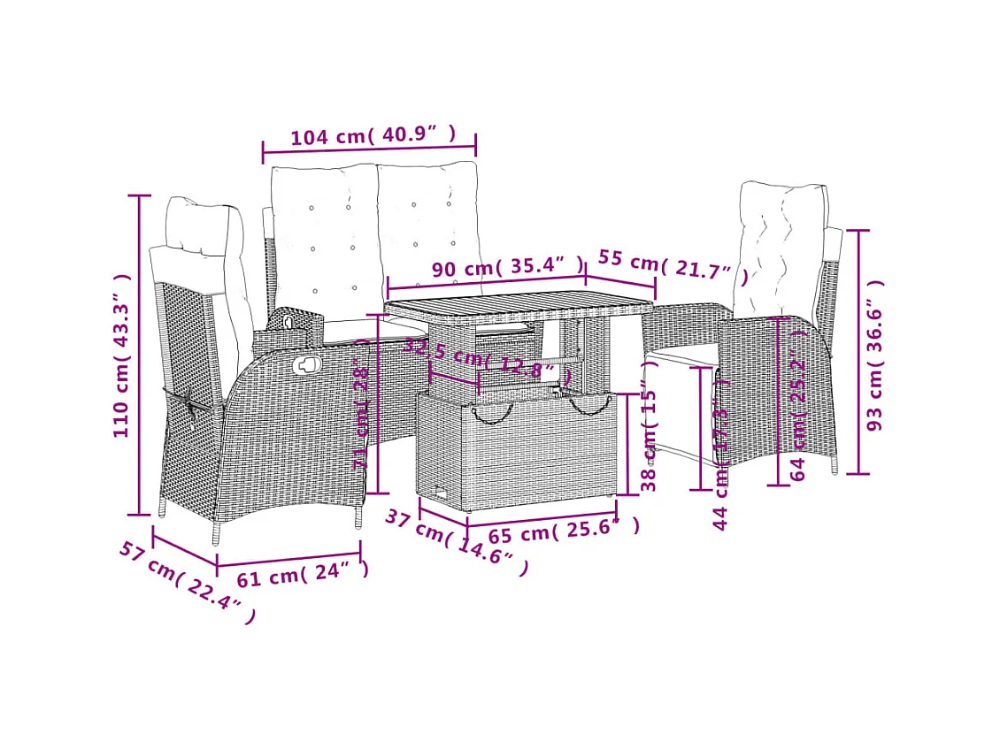 Ensemble à manger jardin 4pcs et coussins Gris Résine tressée