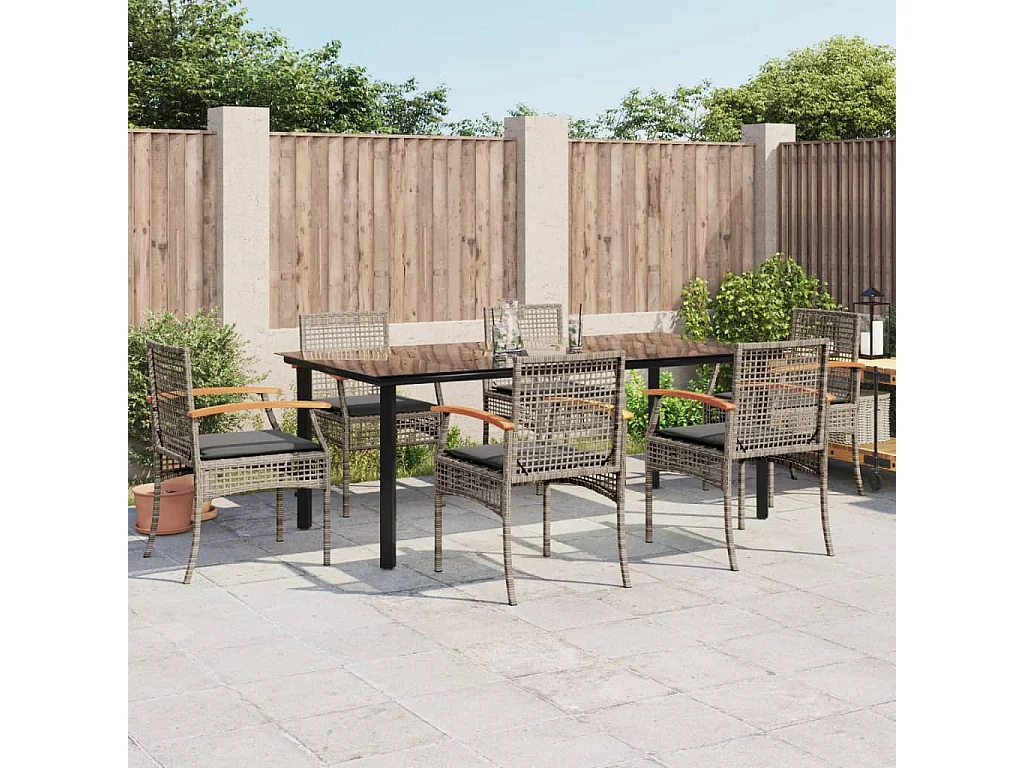 Ensemble à manger de jardin et coussins 7 pcs gris rotin