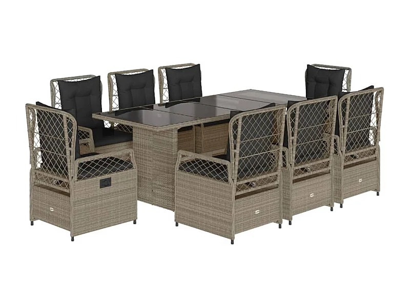 Ensemble à manger de jardin et coussins 9 pcs gris clair rotin