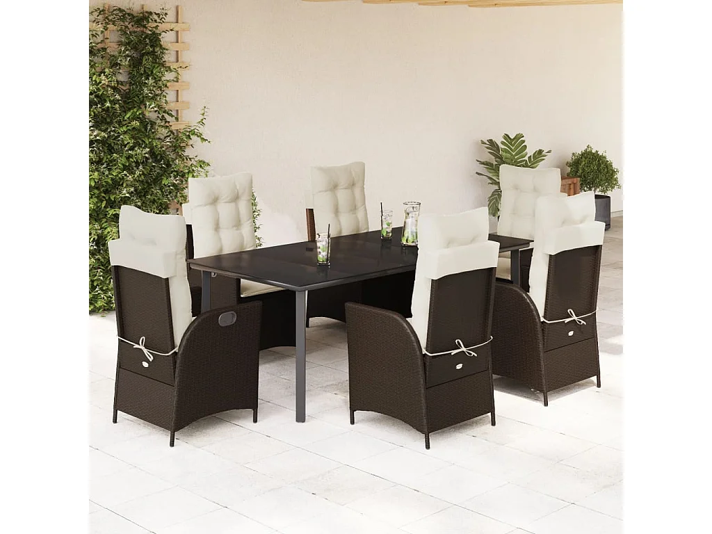 Ensemble à manger de jardin et coussins 7 pcs marron rotin