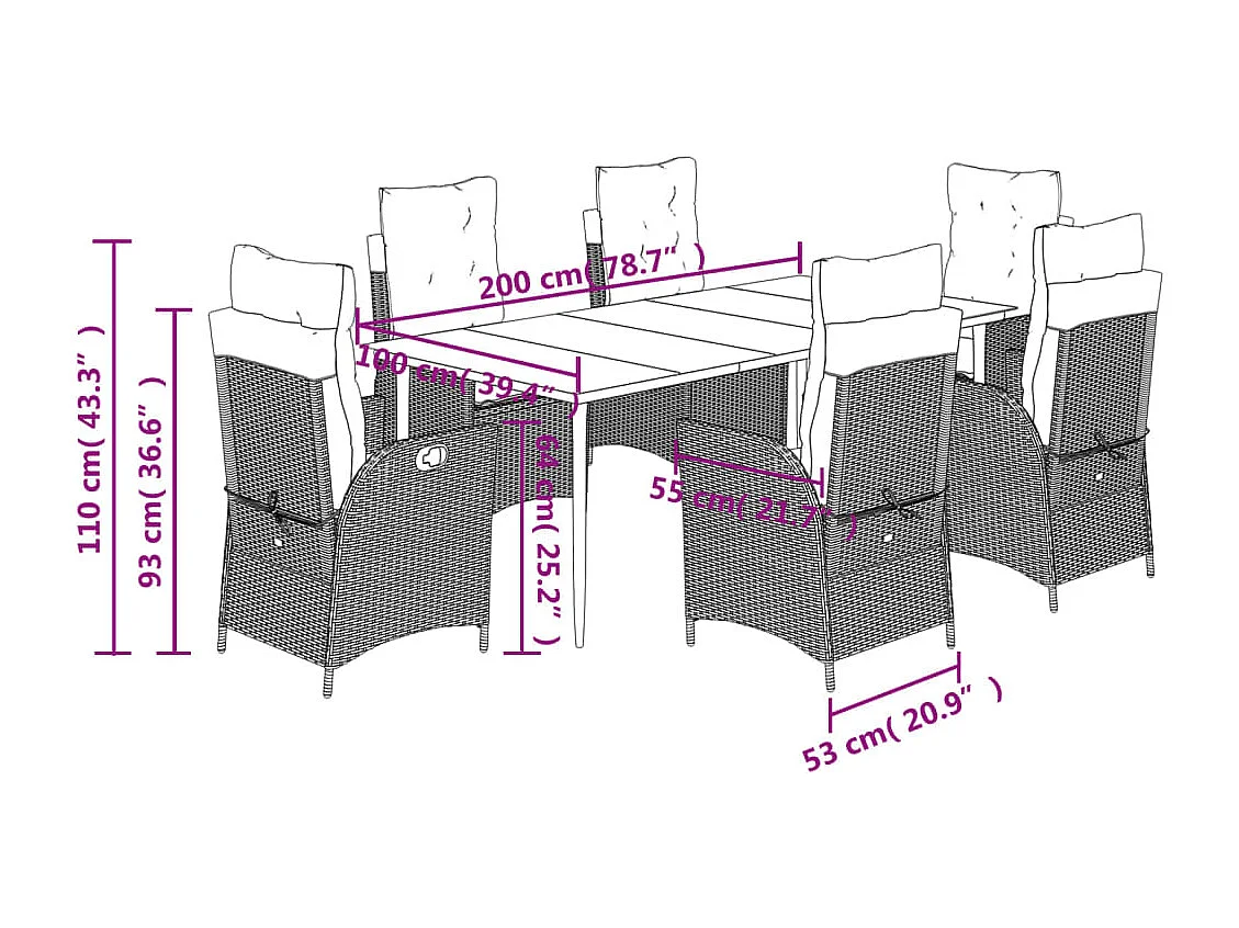 Ensemble à manger de jardin et coussins 7 pcs marron rotin