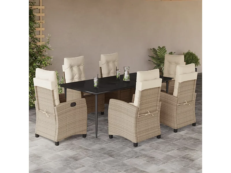 Ensemble à manger de jardin et coussins 7 pcs beige poly rotin