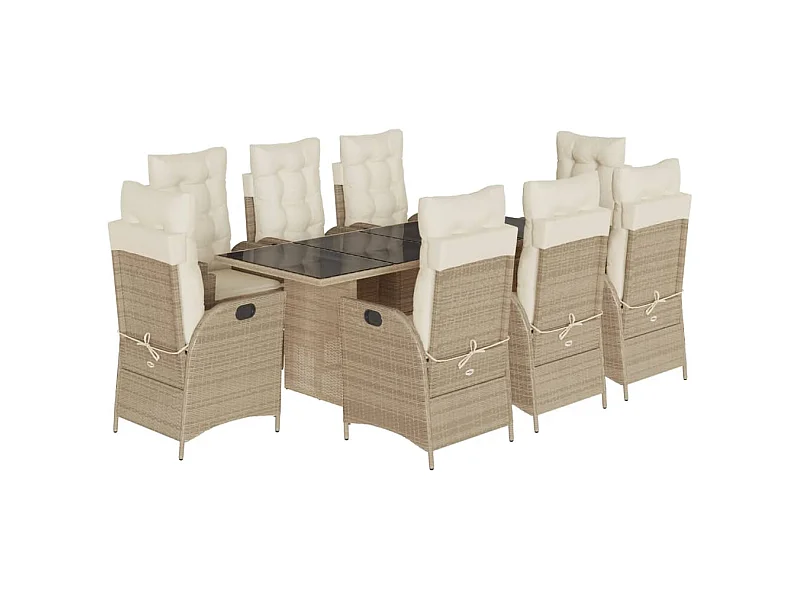 Ensemble à manger de jardin et coussins 9 pcs beige Poly rotin