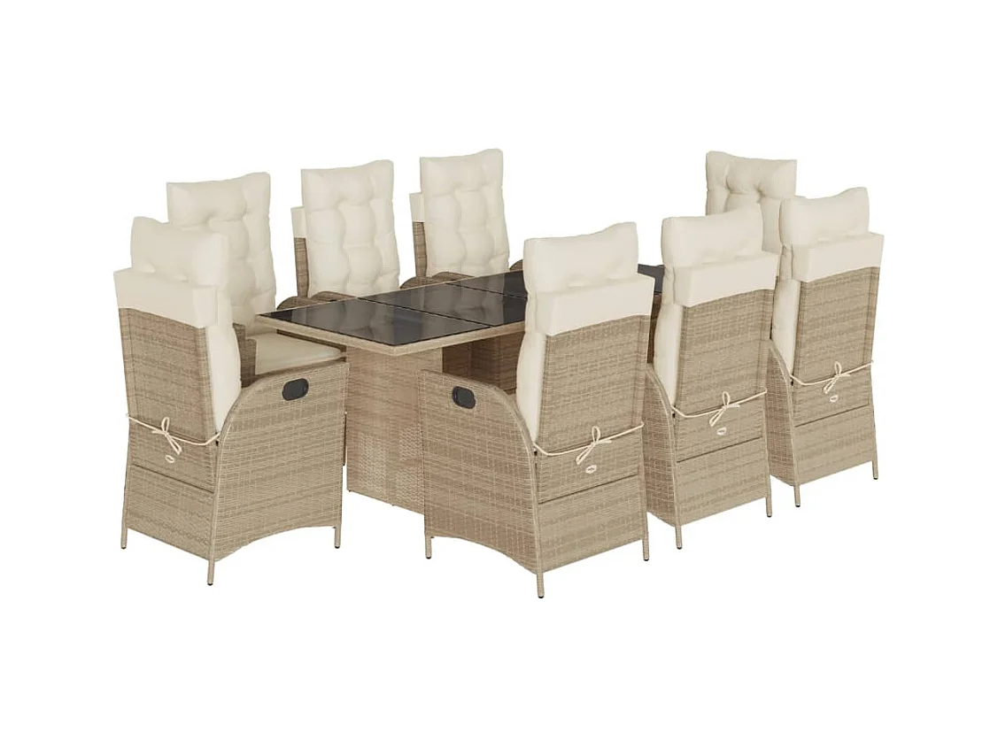 Ensemble à manger de jardin et coussins 9 pcs beige Poly rotin