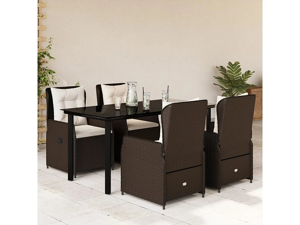 Ensemble à manger de jardin 5 pcs et coussins marron poly rotin