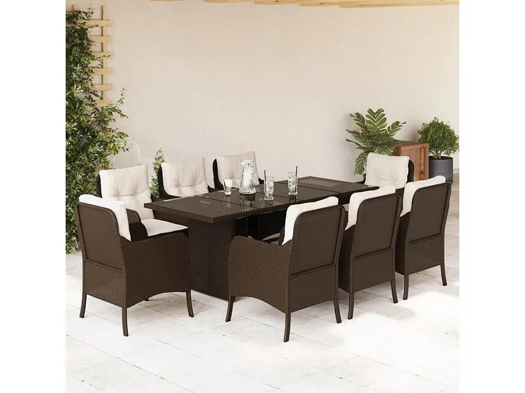 Ensemble à manger de jardin et coussins 9 pcs marron poly rotin