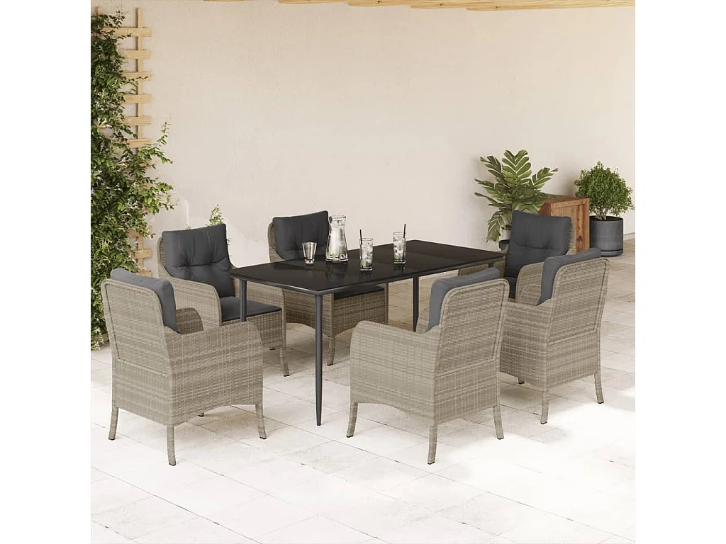 Ensemble à manger de jardin et coussins 7 pcs gris clair rotin