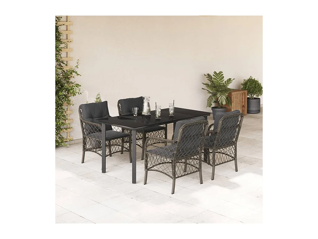 Ensemble à manger de jardin 5 pcs coussins gris résine tressée