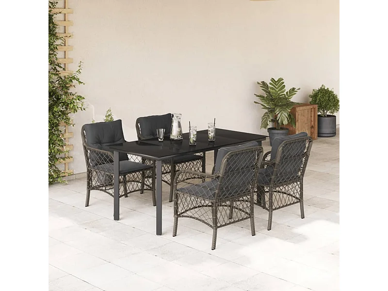 Ensemble à manger de jardin 5 pcs coussins gris résine tressée