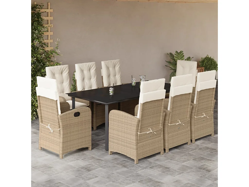 Ensemble à manger de jardin et coussins 9 pcs beige Poly rotin