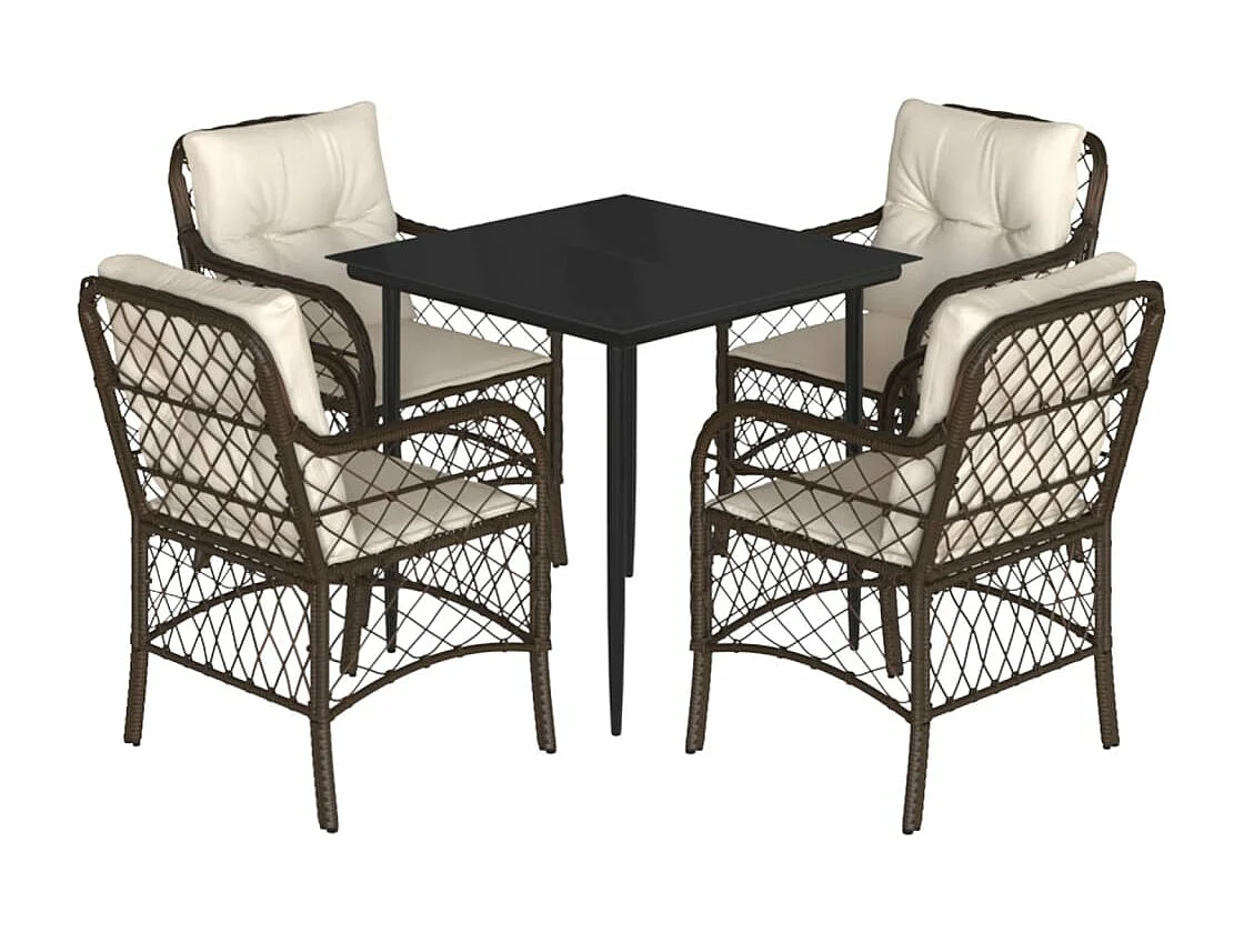 Ensemble à manger de jardin 5 pcs et coussins marron poly rotin