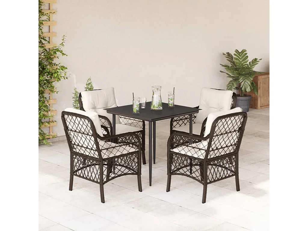 Ensemble à manger de jardin 5 pcs et coussins marron poly rotin